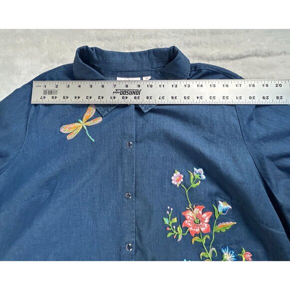 Quacker Factory Womens Wildflower Long Sleeve Denim Shirt 2X Blue Snap Front New - Picture 5 of 7